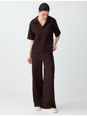 Jimmy Key Acı Kahve Düz Kesim Yüksek Bel Uzun Örme Pantolon