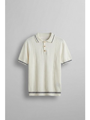 Abluka Online Erkek Regular Fit Saç Örgü Detaylı Triko Polo Yaka T Shirt Beyaz