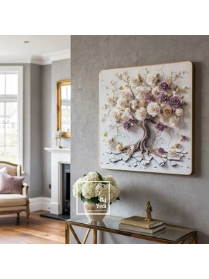 İki Yedi Konsept Derrida Işıltılı Taşlı Hayat Ağacı Duvar Tablosu 60X60 cm Çiçekli Modern Salon ve Ev Duvar Dekoru