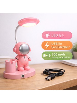 Toyska Astronot Figürlü LED Masa Lambası - USB Şarjlı - Pembe