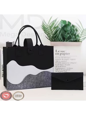 Mega Design Yeni Sezon Dalga Desenli Keçe El Çantası ve Cüzdan Kombini ( 2'li Set )