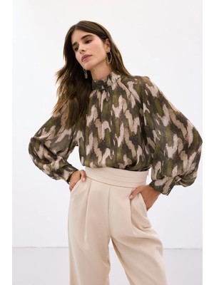 Sateen Desenli Salaş Bluz - Haki