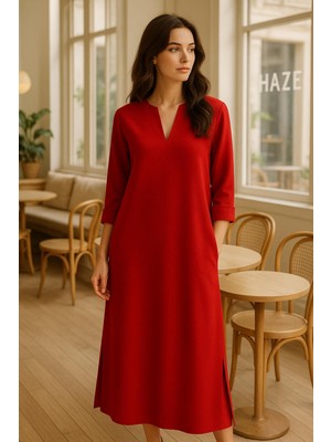 Hayalet Büyük Beden V Yaka Uzun Kol Double Krep Büyük Beden Elbise