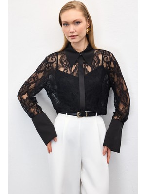 Sateen Dantel Gömlek - Siyah