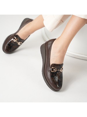 Ametist Pena Acı Kahve Yılan Baskılı Gerçek Deri Kadın Günlük Ayakkabı