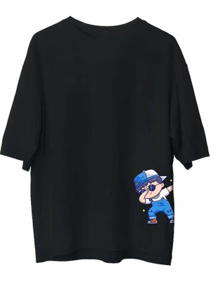 Glam Love Bisiklet Yaka Baskılı Oversize T-Shirt - Siyah -