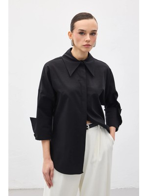 Sateen Düğme Detaylı Gömlek - Siyah