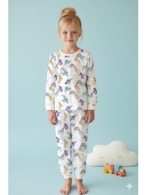 Alyakids Kız Çocuk %100 Pamuklu Unicorn Desen Pijama Takımı