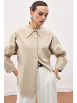 Sateen Düğme Detaylı Gömlek - Bej