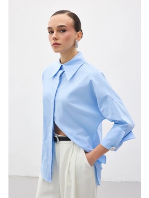 Sateen Düğme Detaylı Gömlek - Mavi