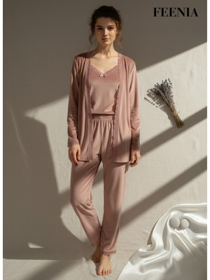 Feenia Veloursy Gül Kurusu Kadife Sabahlıklı Kuşaklı Kadın Üçlü Pijama Takımı