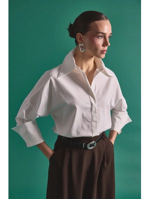Sateen Düğme Detaylı Gömlek - Ekru