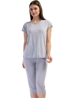 Vienetta Likralı Viskon V Yaka Kısa Kol Eteği Oval Kapri Ta Gri - M