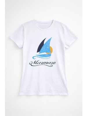 Markapia Kadın Bisiklet Yaka %100 Pamuk Marmaris Baskılı T-Shirt
