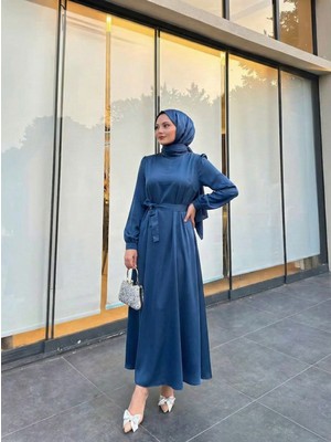 Foremia Kuşak Detay Saten Elbise-Petrol Mavisi -
