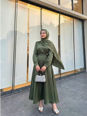 Foremia Kuşak Detay Saten Elbise-Haki -