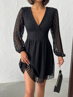 Jashope V Yaka Uzun Kollu Mini Dantel Elbise