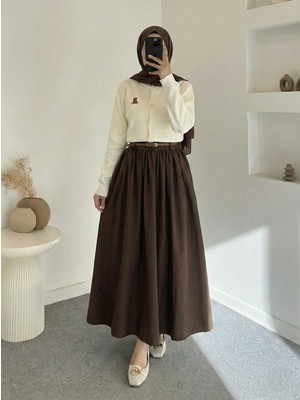 Foremia Cepli Kemerli Büzgülü Etek-Kahve -