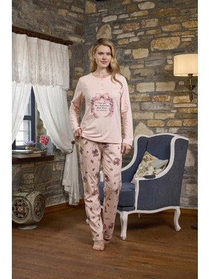 Cossy By Aqua Aqua 26243 Pudra Pembe Fiyonklu Yarım Düğmeli Pijama Takım