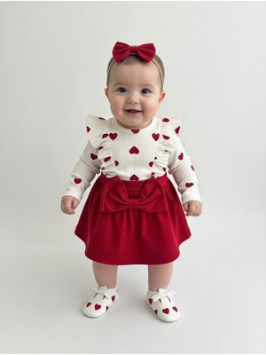 Bebek Prenses Kalpli Kırmızı Etekli Set - Fırfır Detaylı Body + Büyük Fiyonk Etek + Saç Bandı