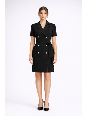 HOX'S Angela | Kısa Kol Dizüstü Ceket Elbise Kuşaklı Düğme Detaylı - Siyah