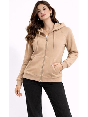 CGA Kadın Fermuarlı Sweatshirt Kapşonlu Reglan Kol Fermuarlı Basic Sweatshirt