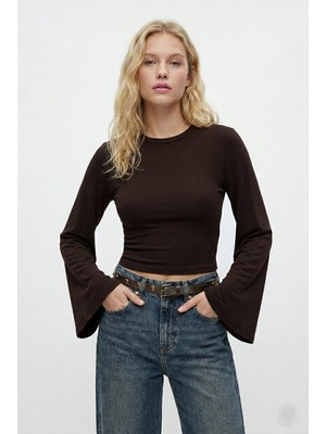 Ritnice Kadın Hazel Bisiklet Yaka Uzun Kollu Basic Kahverengi Örme Bluz