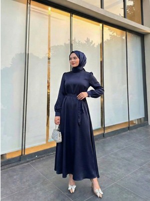 Foremia Kuşak Detay Saten Elbise-Lacivert -