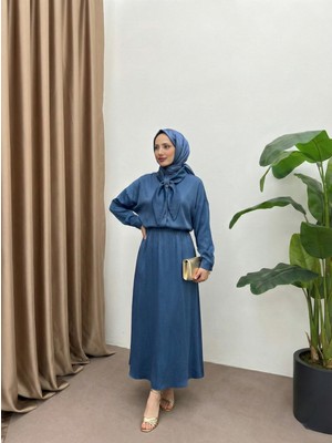 Foremia Yaka Detay Etekli Saten Takım-Petrol Mavisi -