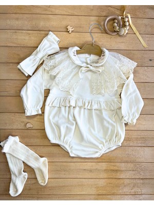 Çayzen Oeko Tex Belgeli Dantel Yaka Badili %100 Pamuk Romper Kız Bebek Tulum Set