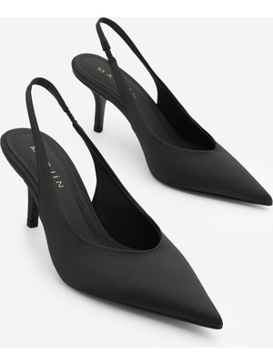 Marjin Kadın Stiletto Sivri Burun Arkası Açık Atkılı Kısa Topuklu Ayakkabı Dorve Siyah Saten