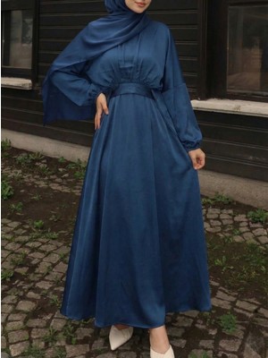 Foremia Bağlama Detaylı Ikili Saten Elbise-Petrol Mavisi -