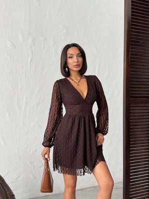 Jashope V Yaka Uzun Kollu Mini Dantel Elbise