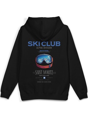 Overoz Ski Club Kayak Snowboard Baskılı Kapüşonlu Yarı Oversize Sweatshirt Hoodie 1409