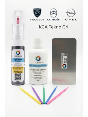 COLORGUARD Peugeot Citröen Opel KCA Tekno Gri İğneli ve Fırçalı 2 si 1 Arada Rötuş Boyası Yüzey Temizleme Solüsyonu Profesyonel ve Çapaksız Rötuş Çeliği 5'li Uygulama Çubuğu Seti