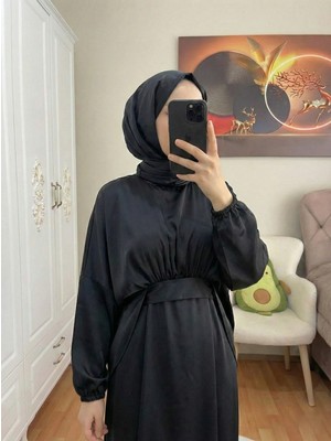 Foremia Bağlama Detaylı Ikili Saten Elbise-Siyah -