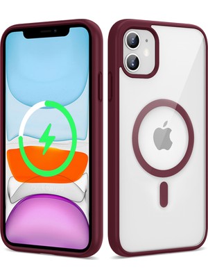 Apple iPhone 11 Kılıf Magsafe Wireless Şarj Özellikli Silikon Nrtk Ege Kapak-Koyu Kırmızı