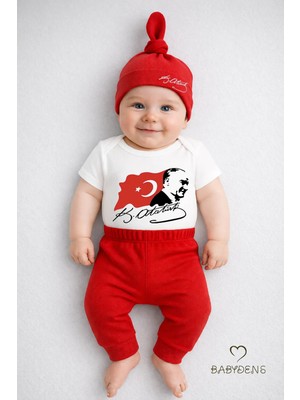 Babyden's Atatürk Baskılı Kısa Kol 3’lü Bebek Takımı %100 Pamuk Body Pantolon Şapka Set Bayramlık Bebek Kombin