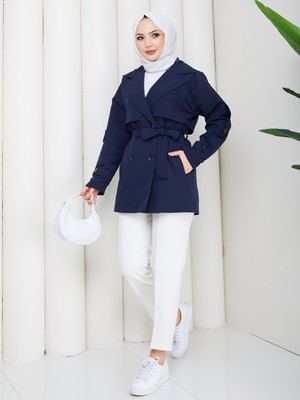 Zennyamoda Kadın Keten Lacivert Kolu Düğmeli Kuşak Detaylı Trençkot