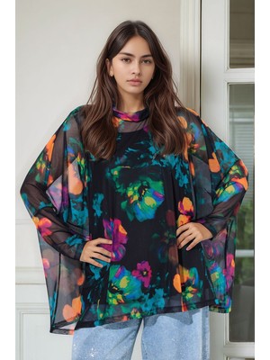 Mamayaga Kadın Çiçek Desenli Yarım Balıkçı Büyük Beden Curve Spor Şık Uzun Kol Atletli Tül Bluz