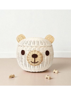 Felis Arte Doğal Bambu Ayıcık Sepet / Saklama Kutusu (Large) Handmade, Rattan , Kapaklı, Krem Rengi