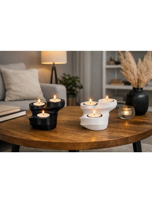ND Shopping Modern Minimal Tealight Mumluk 2’li Set | 3 Hazneli Siyah Beyaz Dekoratif Mumluk