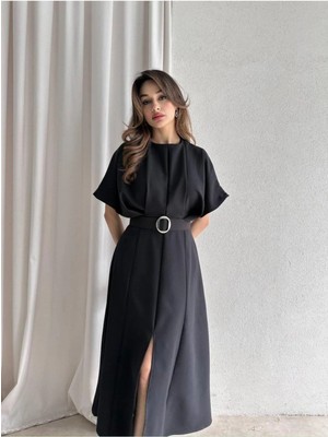 Moda Durağı Kaliteli Midi Elbise Yırtmaç Detaylı Kemerli Siyah