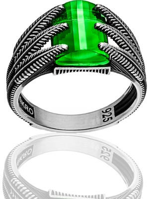 Yıldırım Yeşil Zirkon Taşlı Yaprak Desenli 925 Ayar Gümüş Yüzük