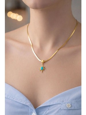 Taşlı Güneş Kolye | Gold Renk Şık Kadın Takı