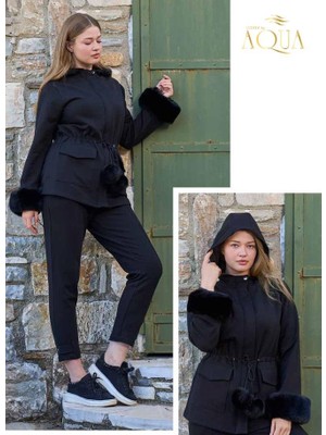 Cossy By Aqua Aqua 26132 Siyah Ponponlu Kolları Tüylü Kapüşonlu Dar Paça Eşofman Takım