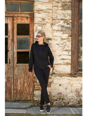 Cossy By Aqua Aqua 26033 Siyah Yarım Fermuarlı Kapüşonlu Cepli Eşofman Takım