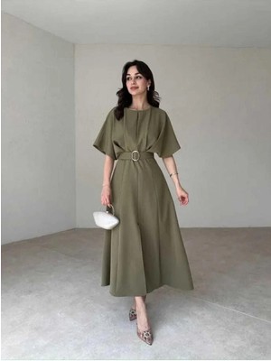 Moda Durağı Kaliteli Midi Elbise Yırtmaç Detaylı Kemerli Haki