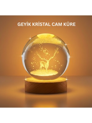 OEMTR 3D Geyik Desenli Kristal Küre USB Işıklı Ahşap Tabanlı Oda Lambası