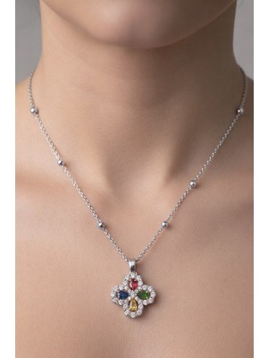 Nkie Jewels Gümüş Renk Mix Taşlı Van Yonca Model Top Zincir Çelik Kolye - 3859